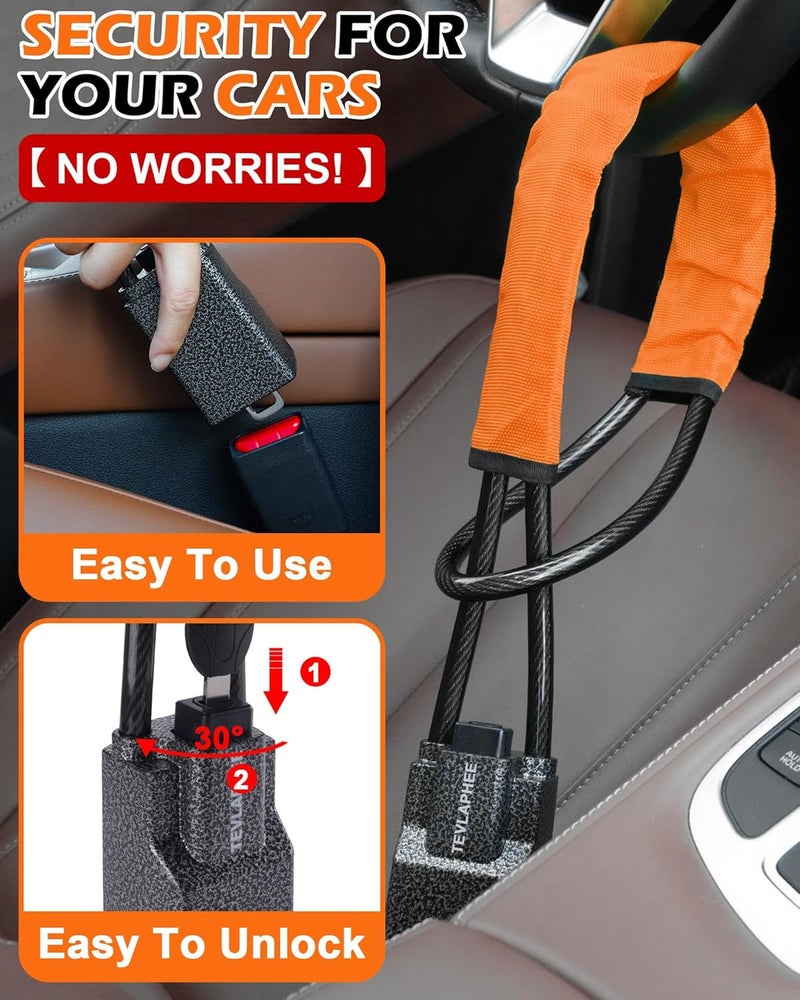 Tevlaphee Steering Wheel Lock Seat Belt Lock Universal Anti Theft Car Device Car Lock Car Theft Prevention with 3 Keys for Car Security Fit Most Vehicles Truck SUV Van (Orange) - Image 4